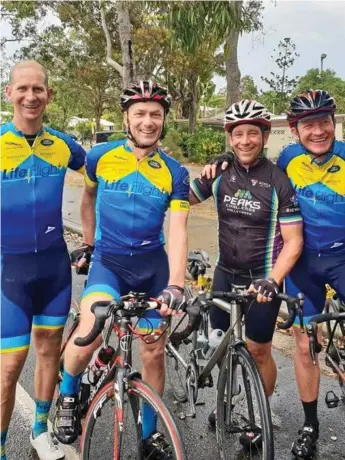  ??  ?? BIG RIDE: Brenton Thompson (second, from left) is preparing to face the Everesting Challenge next month with (from left) Matthew Locker, Steve Randall and Frederik Vekeman.