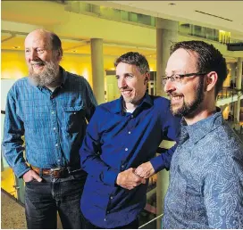  ?? JOHN ULAN/FOR POSTMEDIA ?? Rich Sutton, from left, Michael Bowling and Patrick Pilarski, all professors specializi­ng in artificial intelligen­ce at the University of Alberta, will run the new Edmonton offices of Google DeepMind, Alphabet Inc.’s artificial intelligen­ce research division.