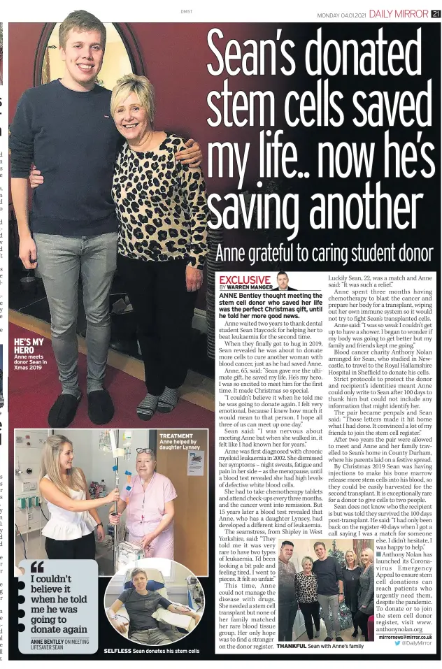  ??  ?? HE’S MY HERO Anne meets donor Sean in Xmas 2019
TREATMENT Anne helped by daughter Lynsey
SELFLESS Sean donates his stem cells
THANKFUL Sean with Anne’s family