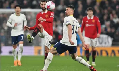  ?? ?? Bruno Fernandes against Spurs. He had a foot in a protective boot for four days beforehand. Photograph: Glyn Kirk/AFP/Getty Images