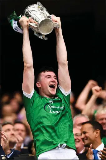  ??  ?? Limerick captain Declan Hannon lifts the Liam MacCarthy Cup.