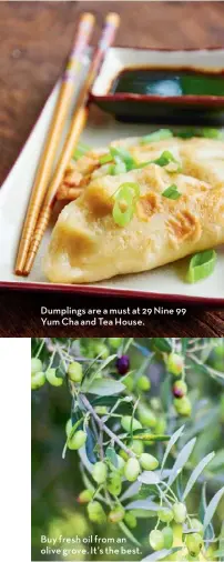  ??  ?? Dumplings are a must at 29 Nine 99 Yum Cha and Tea House.
Buy fresh oil from an olive grove. It’s the best.