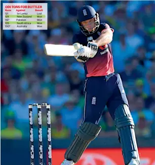  ??  ?? England’s Jos Buttler remained unbeaten on 100 to set up a 16-run win over Australia. —