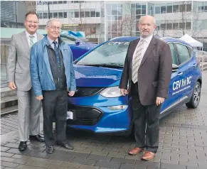  ??  ?? The first Chevrolet Bolt in British Columbia arrived at last week’s 97th annual Vancouver Internatio­nal Auto Show. On hand were, from left, Blair Qualey, New Car Dealers Associatio­n of B.C., board chair Jim Inkster and B.C. Minister of Energy and Mines...