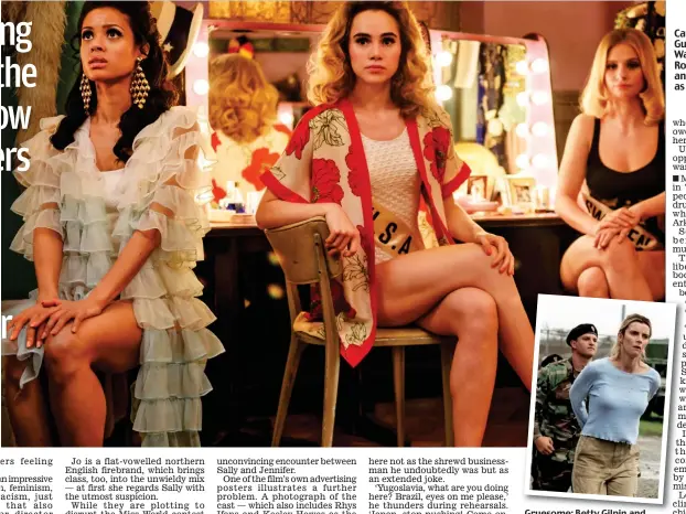  ??  ?? Gruesome: Betty Gilpin and Yosef Kasnetzkov in The Hunt
Cattle market: from left, Gugu Mbatha-Raw, Suki Waterhouse and Clara Rosager as pageant queens and, inset, Keira Knightley as Sally in Misbehavio­ur