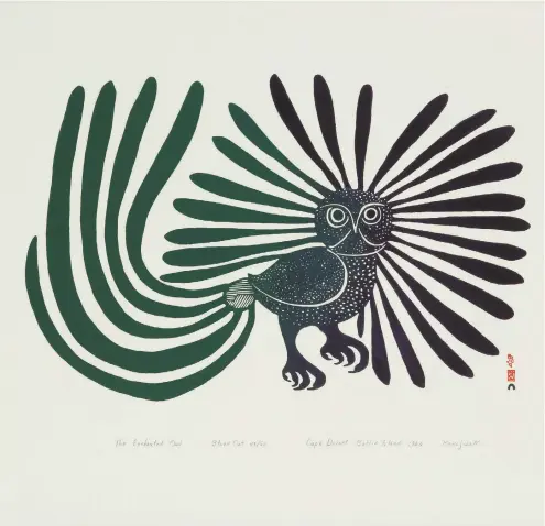  ?? REPRODUIT AVEC LA PERMISSION DE DORSET FINE ARTS. MUSÉE DES BEAUX-ARTS DE MONTRÉAL, CHRISTINE GUEST ?? Kenojuak Ashevak (1927-2013), Le hibou enchanté, 1960, gravure sur pierre, 43/50. MBAM, achat, legs Horsley et Annie Townsend.