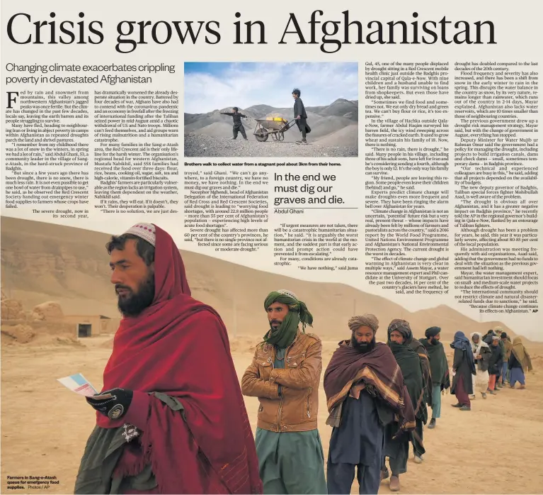  ?? Photos / AP ?? Farmers in Sang-e-Atash queue for emergency food supplies.