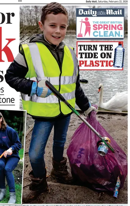  ??  ?? W Walk l in the park: Daniel Walker, eight, picks up litter every day after school