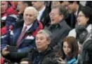  ?? JULIE JACOBSON — THE ASSOCIATED PRESS ?? United States’ Vice President Mike Pence and South Korean President Moon Jae-in laugh during the ladies’ 500 meters short-track speedskati­ng in the Gangneung Ice Arena at the 2018 Winter Olympics in Gangneung, South Korea, Saturday.