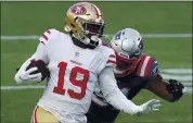  ?? STEVEN SENNE — THE ASSOCIATED PRESS ?? Niners wide receiver Deebo Samuel suffered a hamstring injury in the 33-6 rout of the Patriots on Sunday.