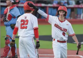  ?? (NWA Democrat-Gazette/Hank Layton) ?? Mason Kincannon of Fort Smith Northside (right) encourages teammate Jayden Weiler during the Grizzlies’ 12-2 run-rule victory over Fort Smith Southside earlier this season. The two rivals have been facing each other since 1990 and will meet again on April 30 at Forsgren Field.