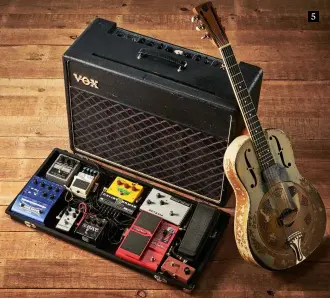  ??  ?? 5 5. A National Triolian, a 1964 Vox AC30 and an array of pedals form part of Troy’s touring gear – although his Peavey Classic 50 also shares the stage with him on occasion