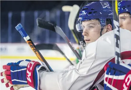  ?? DAVE SIDAWAY ?? Laval Rocket left-winger Kerby Rychel, who was acquired Sunday from the Toronto Maple Leafs system in the Tomas Plekanec trade, practised with his new AHL squad for the first time Tuesday at Place Bell in Laval and will skate on the first line Friday...
