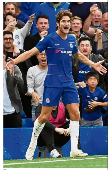  ?? — Reuters ?? The saviour: Chelsea’s Marcos Alonso celebratin­g after scoring their third goal against Arsenal last weekend.