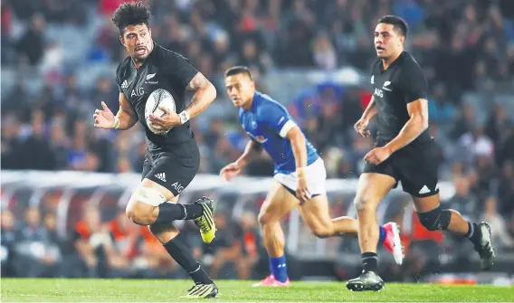  ?? Picture: Getty Images ?? ONE OF 12. All Black flank Ardie Savea on his way to the tryline against Samoa at Eden Park in Auckland yesterday. The All Blacks crushed the islanders 78-0.