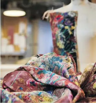  ??  ?? Gorgeous floral fabric from New York is being made into a dress for the character of Elizabeth, King Henry Vlll’s daughter, in Alberta Theatre Projects’ The Virgin Trial. The play runs Sept. 11 to 29 at the Martha Cohen Theatre.