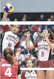  ?? ALVIN S. GO ?? UP outside hitter Tots Carlos led the Lady Maroons to a hard-earned, five-set victory yesterday over a resilient UE Lady Warriors.