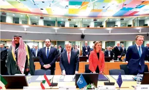  ?? AFP ?? Kuwait’s Foreign Minister Sabah Al Khalid Al Sabah, Lebanon’s Prime Minister Saad Hariri, UN Secretary General Antonio Guterres, EU foreign policy chief Federica Mogherini and Norway’s Foreign Minister Borge Brende observe a minute of silence for the...