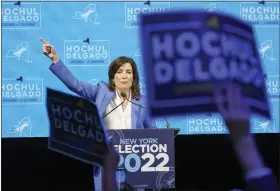  ?? MARY ALTAFFER /THE ASSOCIATED PRESS ?? New York Gov. Kathy Hochul speaks to supporters during her election night party Tuesday, Nov. 8, in New York.