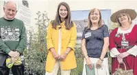  ??  ?? ●● Herb Society members Peter Bowen, Barbara Depledge and Sue Hughes with Rachel de Thame (centre) in the group’s 16th century garden