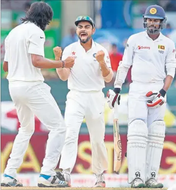  ?? AFP PHOTO ?? With the Indians pumped up, it was difficult for the Sri Lankan batsmen to breathe easy on the fourth day of the third and final Test. India need just seven wickets to seal a series victory.