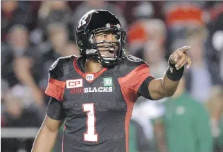  ?? JUSTIN TANG/THE CANADIAN PRESS ?? Redblacks quarterbac­k Henry Burris says his injured finger is much better than it was when he played in the July 21 game against the Argos. He’ll be the starter in Hamilton on Friday.