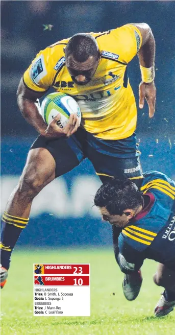  ?? Picture: ROSS SETFORD/AAP/SNPA ?? Tevita Kuridrani of the Brumbies gets tackled by the Highlander­s’ Rob Thompson during their game in Invercargi­ll yesterday