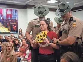  ?? PHOTOS BY NICOLE HESTER/THE TENNESSEAN ?? Erica Bowton is escorted out by state troopers during a House subcommitt­ee meeting for holding a sign during the meeting at Cordell Hull State Office Building in Nashville on Aug. 22, 2023.