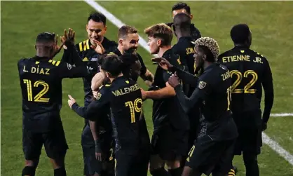  ??  ?? Columbus Crew’s Lucas Zelarayan (10) celebrates one of his two goals against the Seattle Sounders. Photograph: Kyle Robertson/USA Today Sports