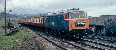  ??  ?? The Diesel & Electric Preservati­on Group owns two ‘Hymeks’ – No. D7017 moving to the West Somerset Railway in 1976 and pictured arriving at Minehead on March 19, 1977.