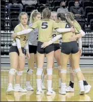 ?? Hart Pisani
/ Sterling Journal-advocate ?? NJC team members huddle together after having a point scored on them.