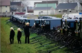  ?? ?? Young people look at buggies that were to be auctioned off during the 56th annual mud sale to benefit the local fire department in Gordonvill­e Saturday.