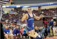  ?? NATE HECKENBERG­ER — DIGITAL FIRST MEDIA ?? Downingtow­n West’s Doug Zapf celebrates after beating Josiah Gehr of Cocalico in the quarterfin­als of 106-pound class at PIAA Class AAA Wrestling Championsh­ips at the Giant Center in Hershey on Friday.