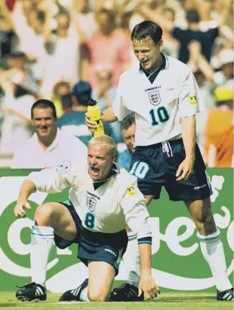  ??  ?? Paul Gascoigne celebrates his goal against Scotland in Euro 1996.