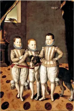  ?? ?? Víctor Amadeo I,
Filiberto Manuel y Felipe Emanuel, tres de los hijos de Catalina Micaela, en un óleo del pintor flamenco Jan Kraek.
A la dcha., vista aérea del Real Monasterio de San Lorenzo de El Escorial.