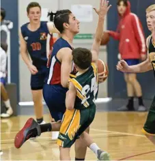  ??  ?? Brodie Edser looks to put a shot up as he works past the Centenary Heights State School’s defence.