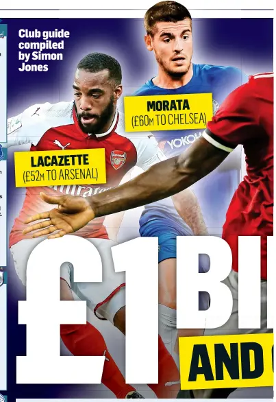  ??  ?? LACAZETTE (£52M TO ARSENAL) Club guide compiled by Simon Jones MORATA (£60M TO CHELSEA)