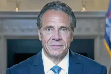  ?? Governor’s Office via Associated Press ?? This image from video provided by the Governor's Office, shows Gov. Andrew Cuomo giving a farewell speech Monday in New York. His resignatio­n took effect at 11:59 p.m. Monday.