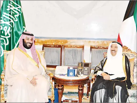  ?? Amiri Diwan photo ?? HH the Amir Sheikh Sabah Al-Ahmad Al-Jaber Al-Sabah during his reception of Saudi Crown Prince Mohammad bin Salman bin Abdulaziz.