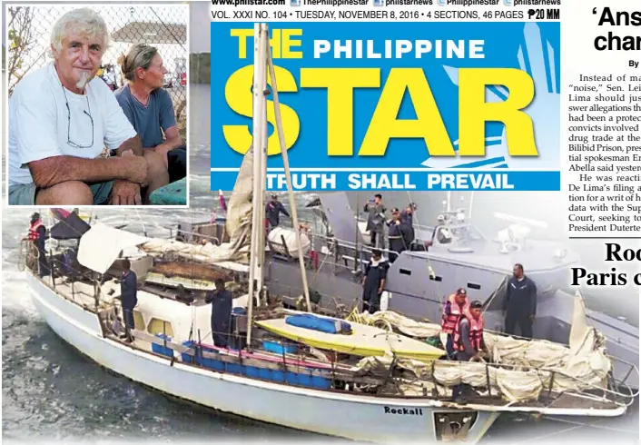  ??  ?? Photo provided by the AFP Western Mindanao Command shows Navy personnel boarding the yacht Rockall after it was found abandoned off the Sulu Sea over the weekend. The Abu Sayyaf claimed to have kidnapped a German man from the yacht and shot and killed...