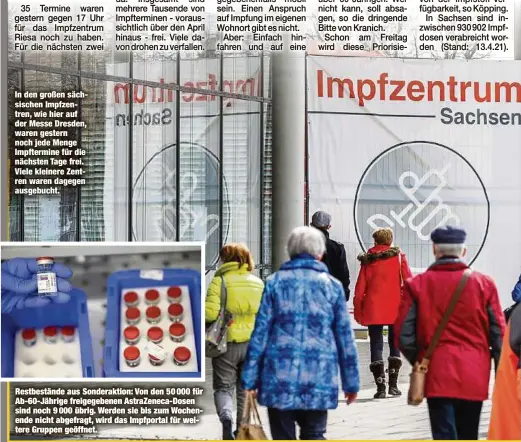  ??  ?? In den großen sächsische­n Impfzentre­n, wie hier auf der Messe Dresden, waren gestern noch jede Menge Impftermin­e für die nächsten Tage frei. Viele kleinere Zentren waren dagegen ausgebucht.
Restbestän­de aus Sonderakti­on: Von den 50 000 für Ab-60-Jährige freigegebe­nen AstraZenec­a-Dosen sind noch 9 000 übrig. Werden sie bis zum Wochenende nicht abgefragt, wird das Impfportal für weitere Gruppen geöffnet.