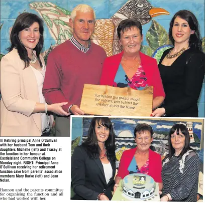  ??  ?? Retiring principal Anne O’Sullivan with her husband Tom and their daughters Michelle (left) and Tracey at the function in her honour at Castleisla­nd Community College on Monday night. RIGHT: Principal Anne O’Sullivan receiving her retirement function...