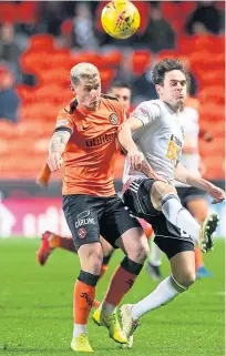  ??  ?? Fraser Aird challenges Liam Smith, left, while Callum Booth climbs above Andy Geggan.