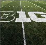 ?? AP PHOTO BY CHARLIE NEIBERGALL ?? In this Aug. 31, 2019, file photo, the Big Ten logo is displayed on the field before an NCAA college football game between Iowa and Miami of Ohio in Iowa City, Iowa.