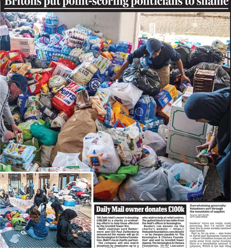  ?? Pictures: JACK TAYLOR/ GETTY; DAVID PARKER ?? Overwhelmi­ng generosity: Volunteers sort through the mountains of supplies