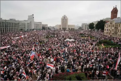  ?? (File Photo/AP/Evgeniy Maloletka) ?? Belarusian opposition supporters rally against Alexander Lukashenko on Aug. 23, 2020, following an election to a sixth term as president at Independen­ce Square in Minsk, Belarus.