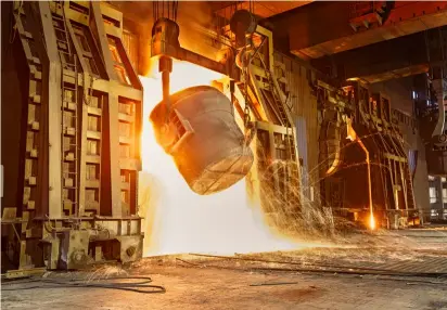  ?? ?? When steel was liquefied it became a mass product. According to the umbrella organizati­on Worldsteel around 944 million metric tons (1,041 million short tons) of raw steel were produced in the first half of 2023 worldwide – one percent less than in the same period the year before