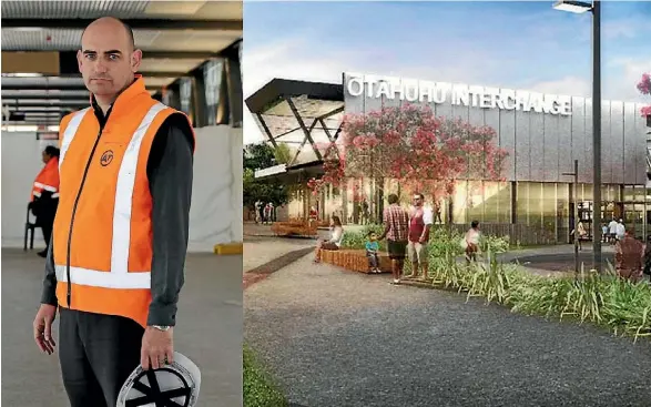  ?? JARRED WILLIAMSON / SUPPLIED ?? Auckland Transport’s Adrian Price, left, with an artist’s impression of the Otahuhu Station.