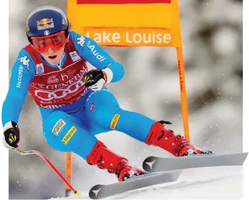  ?? ?? Sofia Goggia, 29 anni, in picchiata nella discesa di Lake Louise, dove non aveva mai vinto prima di ieri