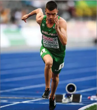  ??  ?? North Sligo athlete Chris O’Donnell of Ireland competing in the Men’s 400m event during Day 1 of the 2018 European Athletics Championsh­ips at The Olympic Stadium in Berlin. Pic: Sam Barnes/Sportsfile.